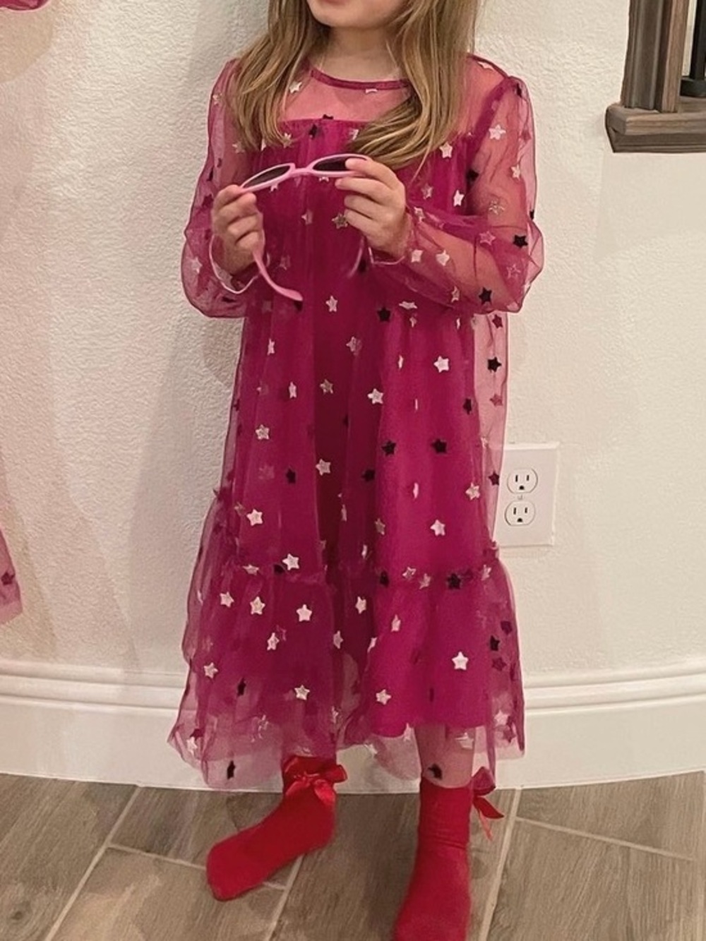 Us Angels Magenta Star Appliqué Tulle Dress